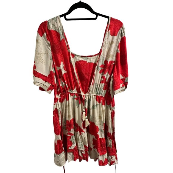 ✌️ 2/$40 ✌️ Red & Beige Floral Print Tunic Dress, Short Sleeves & Tassel sz M - Picture 9 of 9